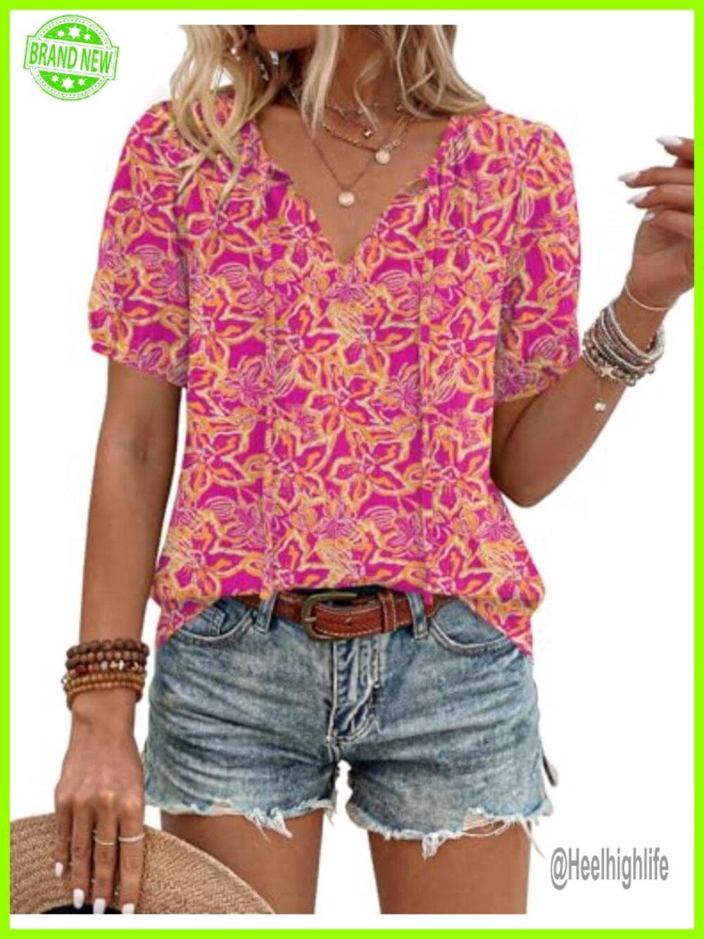 Womens Boho Peasant Blouse Tie Front Short Sleeve V-Neck Flowy Top